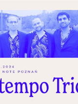 Photo of the band and information about the concert in blue colours.