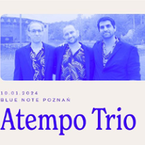 Photo of the band and information about the concert in blue colours.