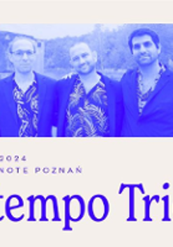 Photo of the band and information about the concert in blue colours.