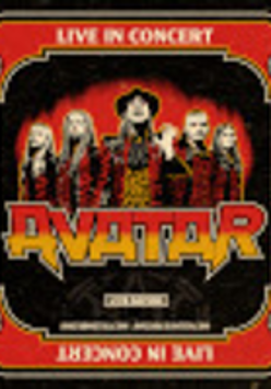 Concert poster - name and photo of the band. Poster in red, black and yellow colours.