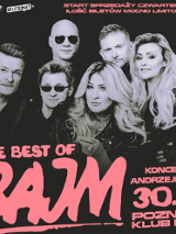 Black and white photo of Bajm band and pink title of the concert.