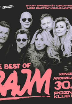 Black and white photo of Bajm band and pink title of the concert.