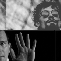 Black and white picture divided into two parts. On the right top of the photo a face of a man in sun-glasses, on the left down of the photo a half of a man face and his left palm of hand