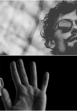 Black and white picture divided into two parts. On the right top of the photo a face of a man in sun-glasses, on the left down of the photo a half of a man face and his left palm of hand