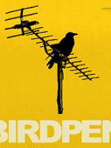 Concert poster: black bird sitting on a television antenna on yellow background