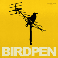 Concert poster: black bird sitting on a television antenna on yellow background