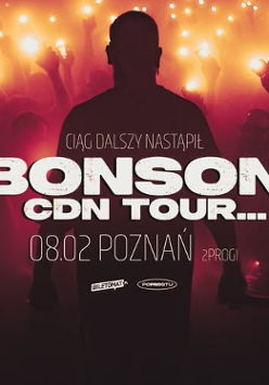 Silhouette of a man on stage, in the background spectators holding phones with lit flashlights. In the center of the photo information about the event.