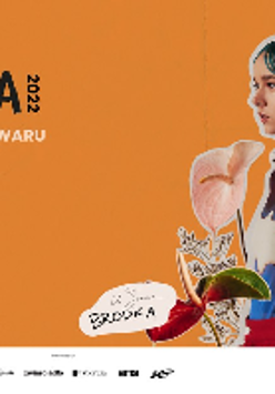 Picture of the artist on orange background among flowers