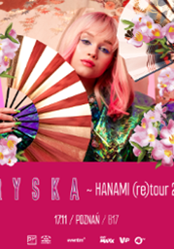 A photo of a young girl with a white and red fan, with information about the event below the photo.