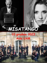 Concert poster with photo of the Orchestra standing on stairs in front of the building and two black and white separate photos of musicians - a man and a woman.