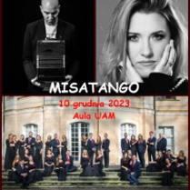 Concert poster with photo of the Orchestra standing on stairs in front of the building and two black and white separate photos of musicians - a man and a woman.