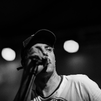 Black and white photo of the artist