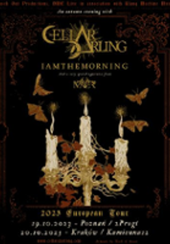 Concert poster in dark colours. In the middle candlestick with three candles. Above and under the candlestick information about the event.