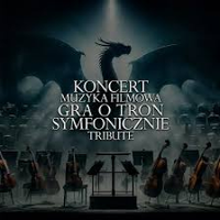 Gray and black poster: a dragon over a scene with musical instruments. In the middle the title of the concert.