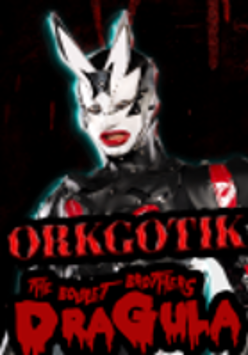 Event poster - title of the event and a photo of a person in a disguise and a mask on face.