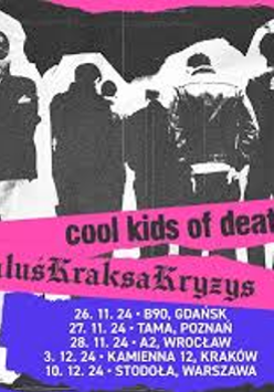 Concert poster with information about the event and a black and white photo of a few mens' backs.