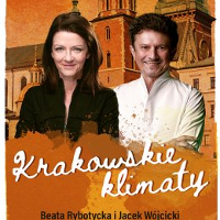 Photo of Jacek Wójcicki and Beata Rybotycka and the title of the concert. A building as a background.
