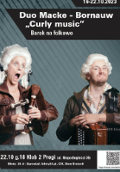 Photo of two musicians with musical instruments. Both people are wearing baroque wigs.