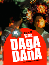 Poster with information about the event in a red circle; in the background - photo of two people.