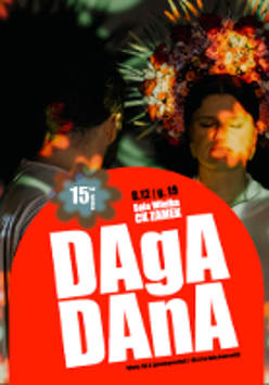 Poster with information about the event in a red circle; in the background - photo of two people.