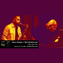 Separate photos of two musicians: one playing the saxophone, another playing the piano.