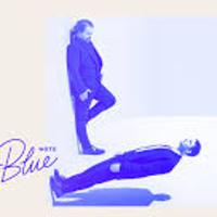 photo in blue colours of two men: one is standing, another is laying on the floor.