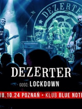 Concert poster in blue colours: photo of the band on stage and information about the event.