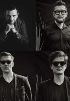 Picture divided into four black and white photos of the musicians taking part in a concert.