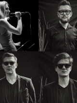 Four black and white pictures of concert performers