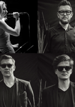 Four black and white pictures of concert performers