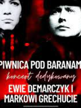 Concert in red, black and white colours. Photo of Ewa Demarcyk and Marek Grechuta, and information about the event.