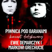 Concert in red, black and white colours. Photo of Ewa Demarcyk and Marek Grechuta, and information about the event.