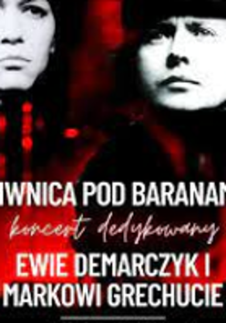 Concert in red, black and white colours. Photo of Ewa Demarcyk and Marek Grechuta, and information about the event.