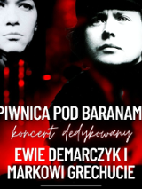 Poster in red, black and white colours. Photo of Ewa Demarcyk and Marek Grechuta, and information about the event.