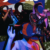 The graphics made in the collage technique of 4 characters singing to microphones. Their faces are covered with glitter.