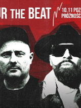 Concert poster with black and white photo of two men. Information about the concert above the photo. Red background.