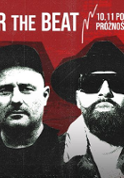 Concert poster with black and white photo of two men. Information about the concert above the photo. Red background.