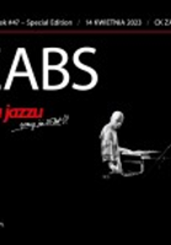 Concert poster - black and white photo of the musicians and the title of a concert in white with "Era Jazzu" inscription in red.