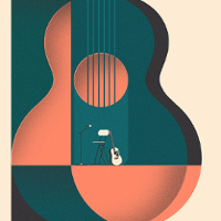 Concert poster: drawing of the guitar in green and brown colours.