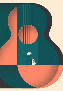 Concert poster: drawing of the guitar in green and brown colours.