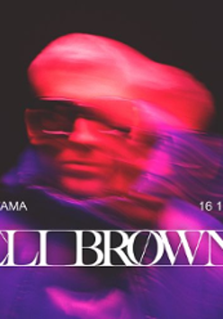 Photo of performer's face in motion and information about the event.