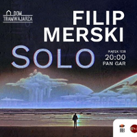 Concert poster: a man standing at the sea-side, looking at sea. Information about te event at the top of the poster.