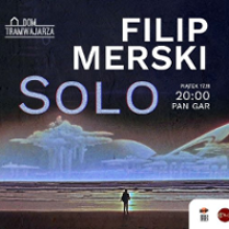 Concert poster: a man standing at the sea-side, looking at sea. Information about te event at the top of the poster.