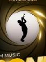 Concert poster - a drawing of a man playing trumpet in a golden ring.