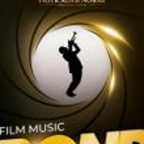 Concert poster - a drawing of a man playing trumpet in a golden ring.