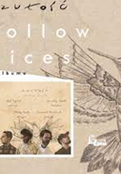Concert poster in delicate beige colours: photo of the band in a frame and a drawing of a bird with spread wings. The name of the band in upper part of the poster.