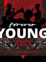 Concert poster in black, dark red and white colours: the title of the concert and silhouettes of a few people singing to microphones.