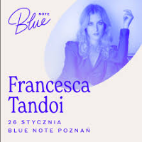 Concert poster in blue colours: photo of Francesca Tandoi and information about the event.