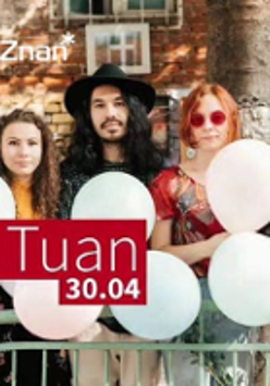 Event poster: photo of the band members with white balloons in their hands.