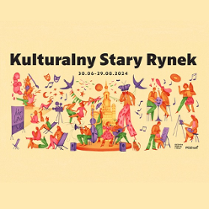 Poster of the "Kulturalny Stary Rynek" series - colourful drawing of people enjoying themselves: playing instruments, dancing, painting etc.